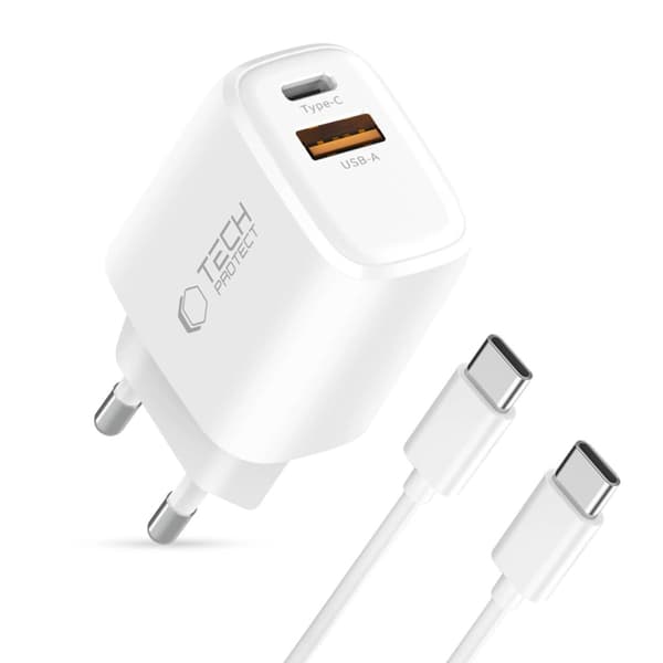 Tech-Protect vægoplader 30W med USB-C til USB-C kabel - hvid