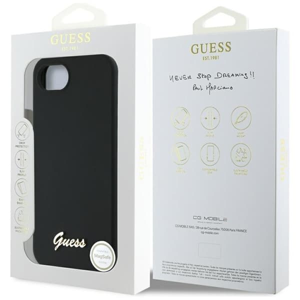 Guess-puhelinkotelo iPhone 16e MagSafe silikonisella Script Metal -logolla