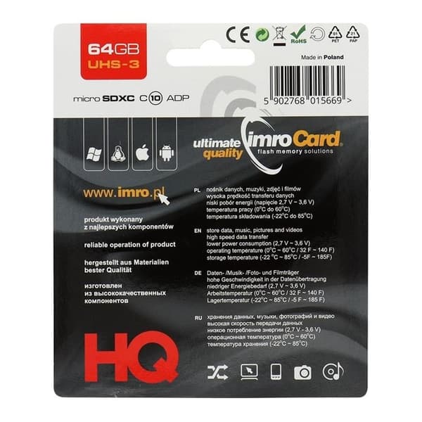 Imro MicroSD-muistikortti 64GB sovittimella UHS 3
