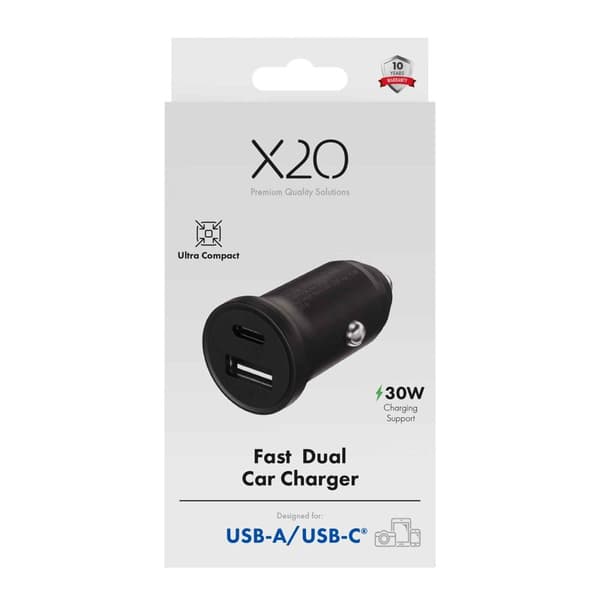 X2O 30W dobbelt biloplader USB-C/A sort