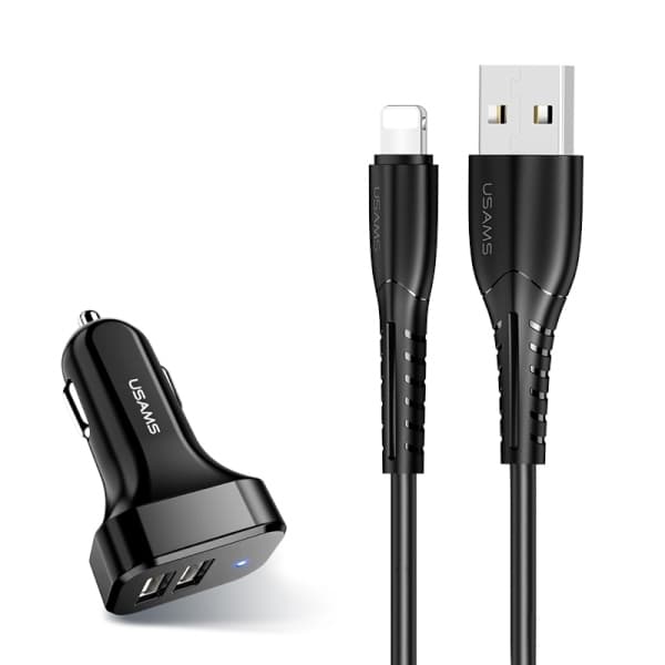 USAMS C13 biloplader 2xUSB-C 2.1A med lynkabel - sort