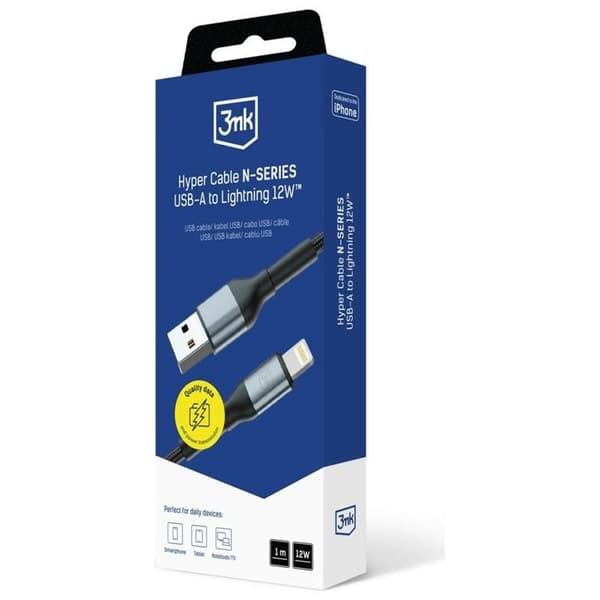 3MK USB-A til Lightning 12W Kabel 5V/2.4A 1m N-SERIE Hyper - Sort