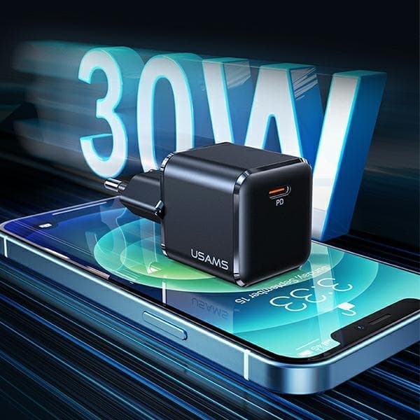 USAMS Vægoplader 1xUSB-C T45 Mini 30W PD3.0 (US-CC148) – Sort