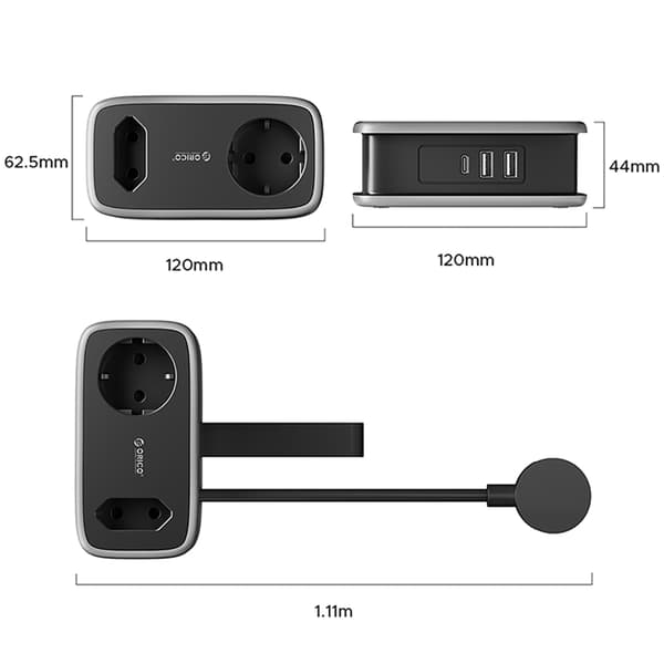 Orico 5in1 jatkojohto 15.5W 2xUSB-A 1xUSB-C 2xAC APP - Musta