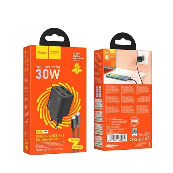 Hoco Hurtigoplader PD 30W 2xUSB-A 2xUSB-C QC3.0 3A med USB-C Kabel N56 - Sort