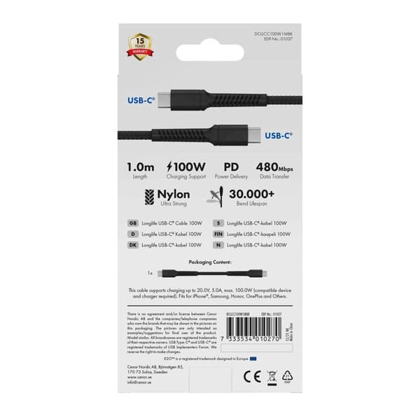 X2O Longlife 100 W USB-C/C-kabel 1 m sort