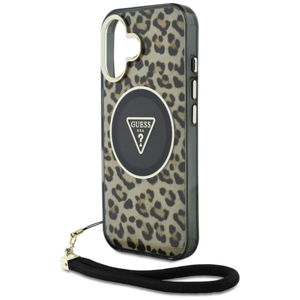 Guess Mobilskal till iPhone 16 MagSafe IML Leopard Triangle Cord Strap - Brun