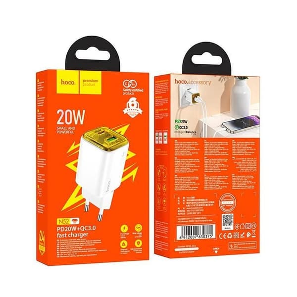 Hoco Hurtigoplader PD 20W USB-A USB-C QC3.0 3A N52 - Hvid