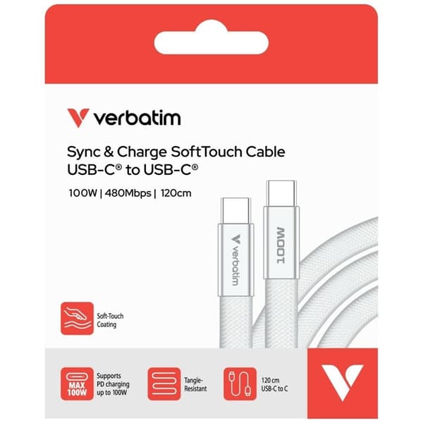 Verbatim USB-C–USB-C-kaapeli 60W Soft Touch 1.2m - Valkoinen