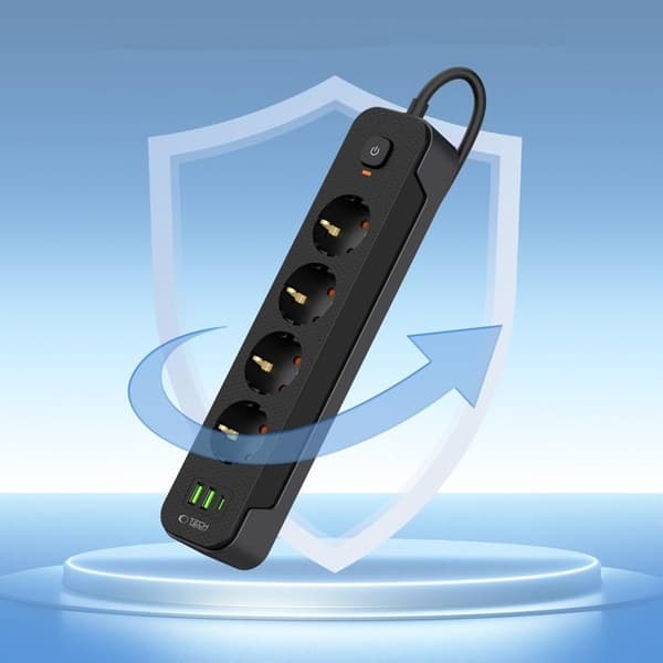 Tech-Protect Power Socket 2x USB/USB-C/4 pistorasiaa 200Ccm - Musta