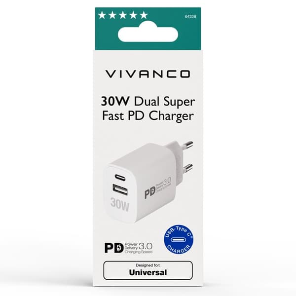 Vivanco Hurtig GaN 30W 1xUSB-C PD / USB-A Hjemmeoplader Hvid
