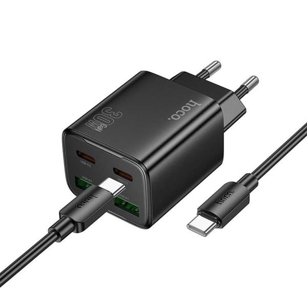 Hoco Hurtigoplader PD 30W 2xUSB-A 2xUSB-C QC3.0 3A med USB-C Kabel N56 - Sort