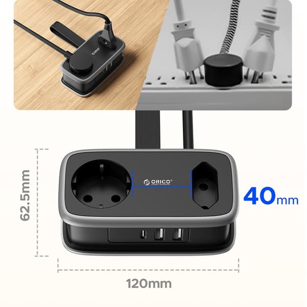 Orico 5in1 jatkojohto 15.5W 2xUSB-A 1xUSB-C 2xAC APP - Musta