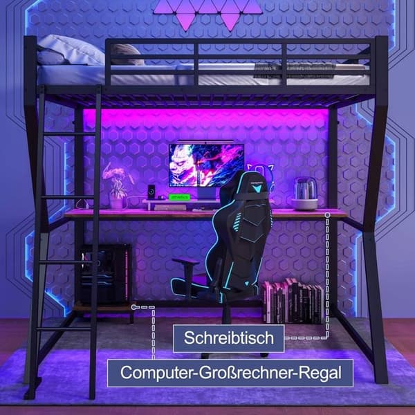 Belyst mezzanin LED og computerbord - 140 x 200 cm - Sort