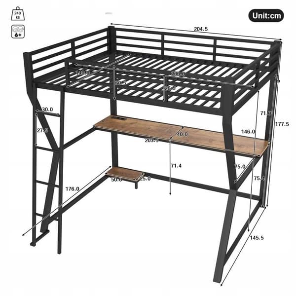 Belyst mezzanin LED og computerbord - 140 x 200 cm - Sort