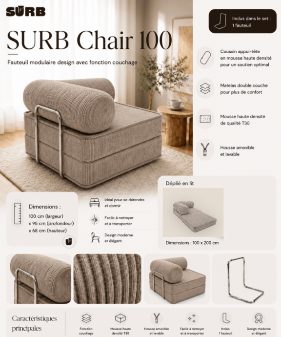 Bäddfåtölj i räfflad sammet, creme, 100x100 cm – SURB