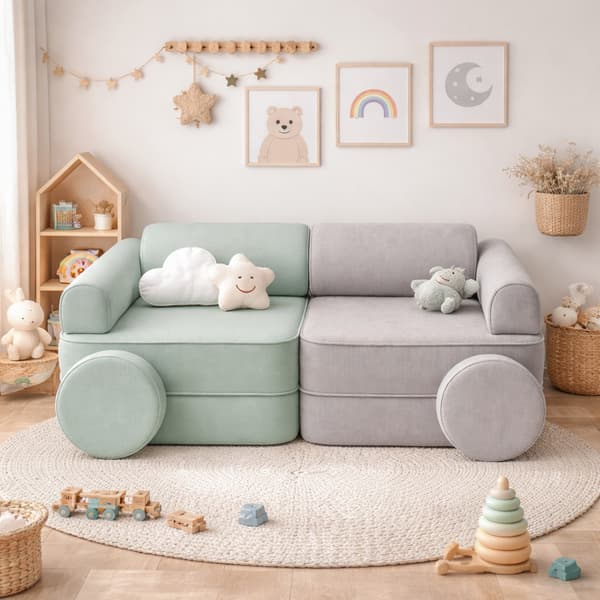Playsofa Duo – modulär barnsoffa 8 delar, grön/grå – Bees & Blooms