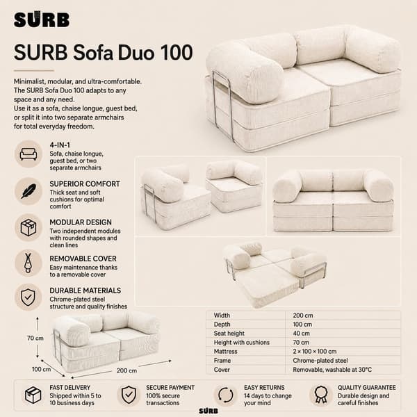 Modulär bäddsoffa 2-i-1 i räfflad sammet, grå, 200x100 cm – SURB