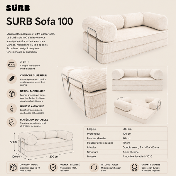 Soffa i räfflad sammet, djup sits, turkos, 200x100 cm – SURB