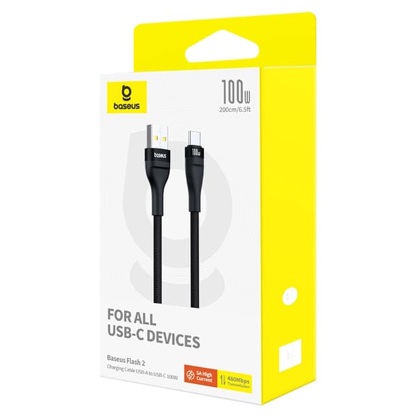Flash 2 USB-A - USB-C 100W 1m hållbar kabel - svart