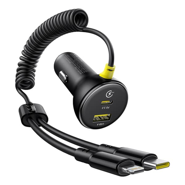 USB-A USB-C Biloplader med iPhone Lightning USB-C Kabel 60W 1,4m - Sort