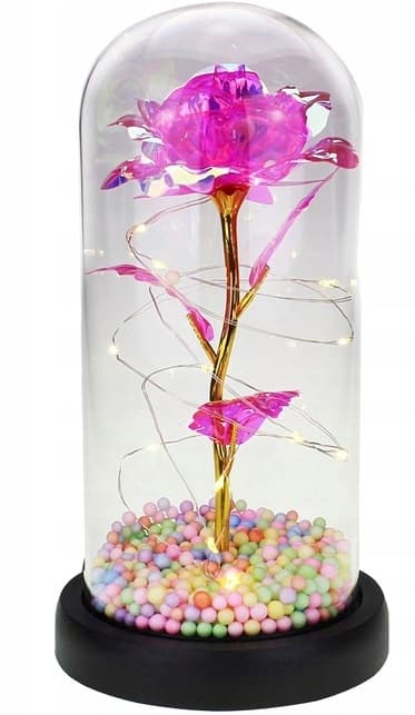 Eviga ros i glas, glittrad, LED, presentidé rosa