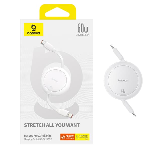 USB-C Free2Pull 60W 1m udtrækkeligt kabel - hvid