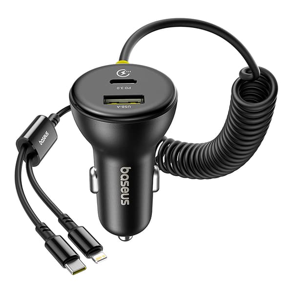 USB-A USB-C Biloplader med iPhone Lightning USB-C Kabel 60W 1,4m - Sort