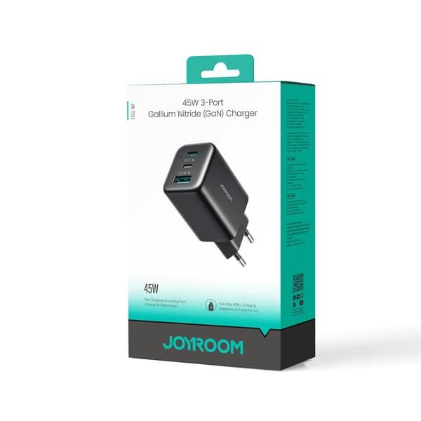 USB-C iPhone Lightning USB-A GaN 45W Vægoplader - Sort