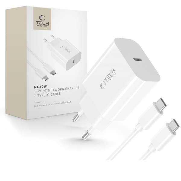 USB-C vægoplader med USB-C PD 20W kabel - Hvid