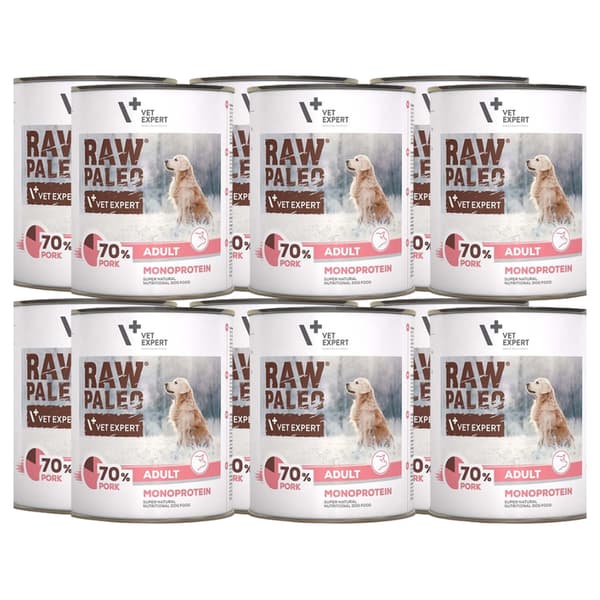 VetExpert råt Paleo-vådfoder til hunde med svinekød 12 x 800 g