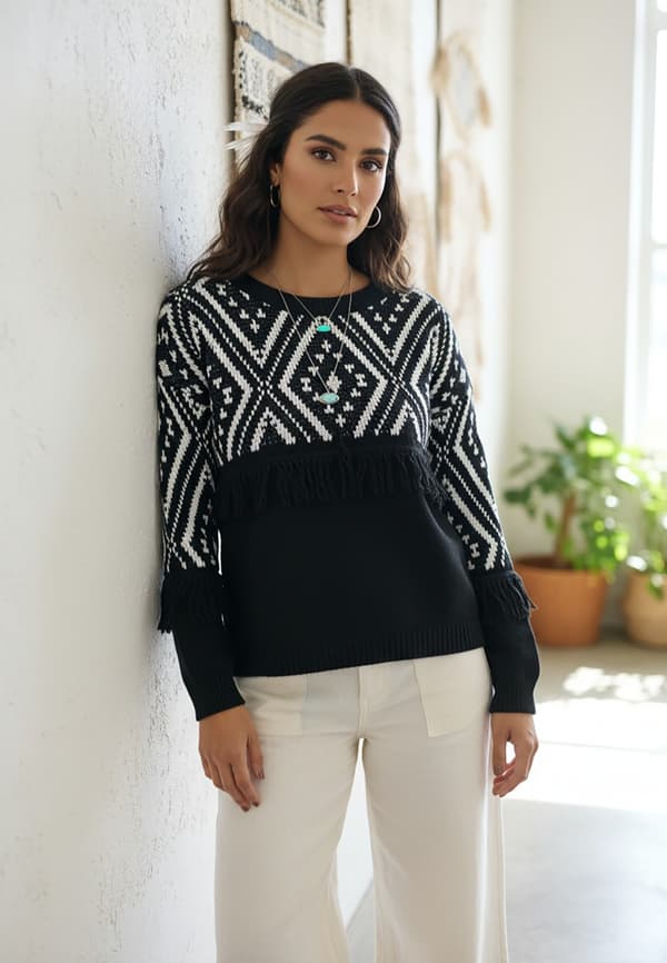 Boho sweater med frynser - Boho sweater - Sort sweater M1265 størrelse M