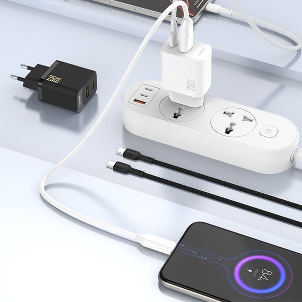 25W hurtig vægoplader USB-A USB-C - Sort