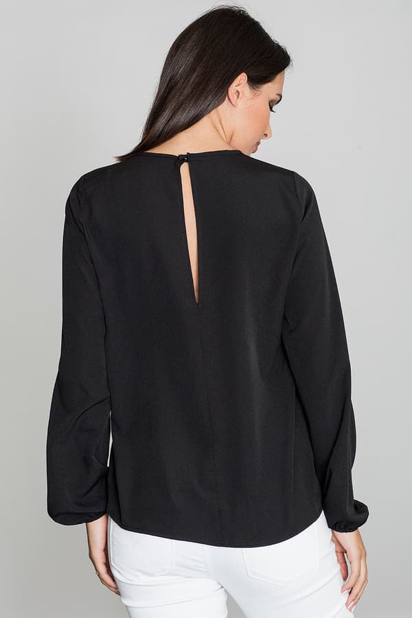 Elegant sort blomstret bluse med halsringning M549 størrelse L