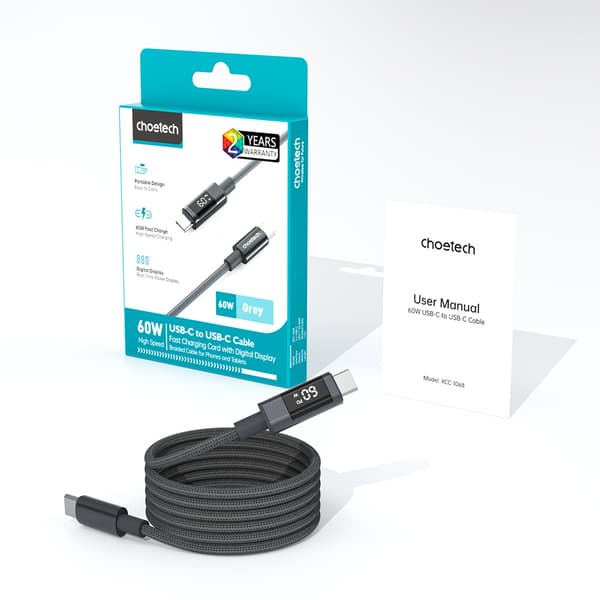 USB-C-kabel med skærm PD 60W 1,2m - Sort