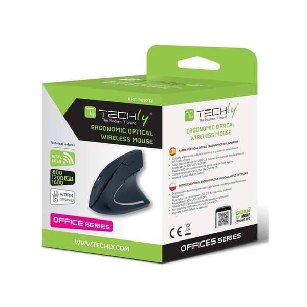 Techly 2,4 GHz RF USB trådlös vertikal mus 1600 dpi optisk