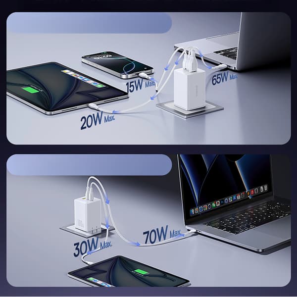 EnerFill FE11 2x USB-C USB-A 100W Vægoplader - Hvid
