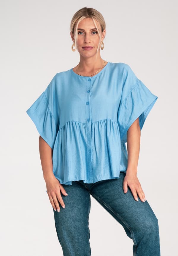 Bluse med flæser - dameskjortebluse - blå bluse størrelse S/M