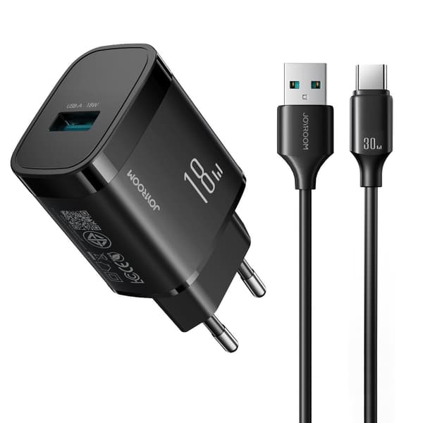 18W USB-A vægoplader med 1m USB-A - USB-C kabel - sort