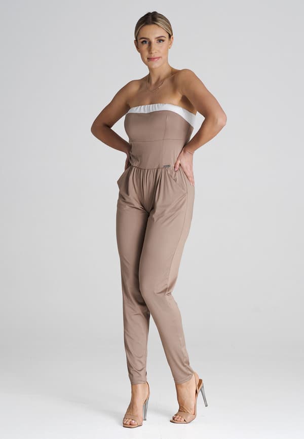 Løs jumpsuit med flæser, beige, størrelse L