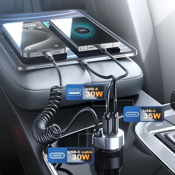 Biloplader 12V USB-C 65W med 2x USB-C, USB-A og Quick Charge