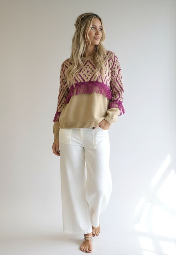Boho tröja med fransar beige storlek S