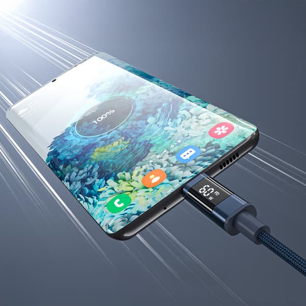 USB-C-kabel med display PD 60W 1,2m - Blå