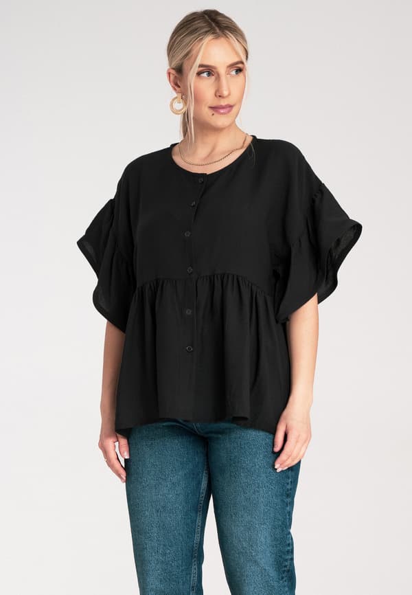 Bluse med flæser - Damebluse - Sort bluse M1211 størrelse S/M