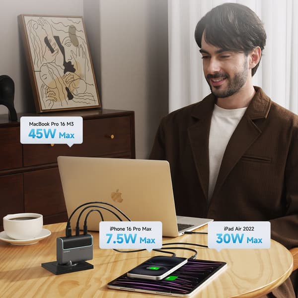 USB-C USB-A Väggladdare med USB-C GaN-kabel 100W - Grå