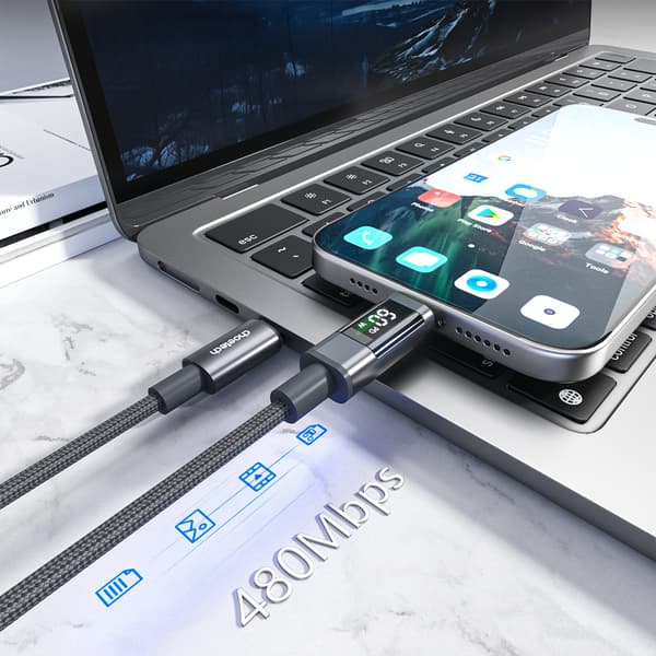 USB-C-kabel med skærm PD 60W 1,2m - Sort