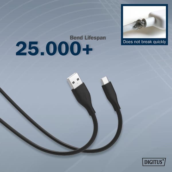 DIGITUS silikonivirtakaapeli USB-A - USB-C, USB 2.0 60W, 1m musta