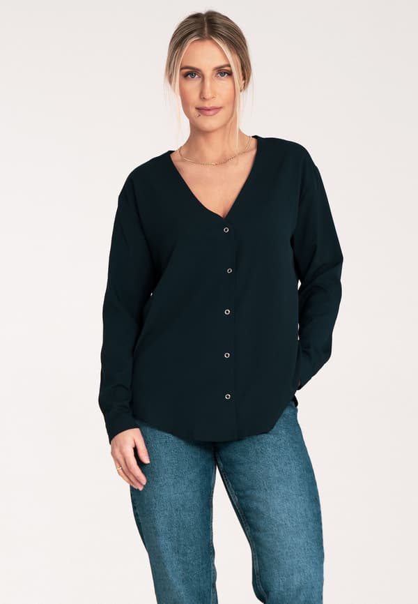 Dam sommerbluse - V-hals bluse - marinblå størrelse L