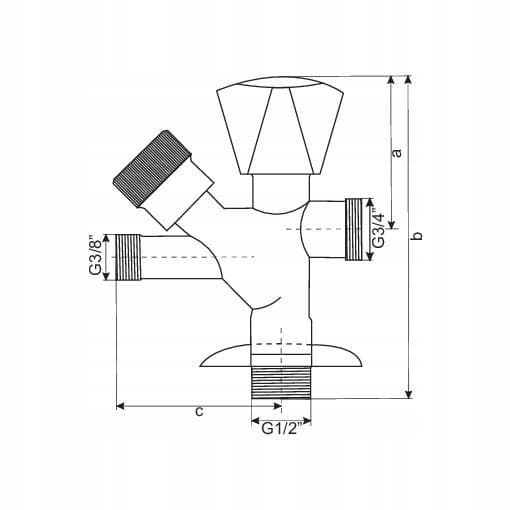 Kombinationsventil 1/2 x 3/4 x 3/8 vinklet