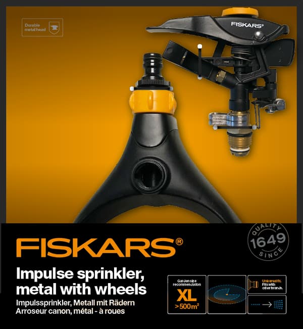 FISKARS Pulsoiva puutarhakastelulaite, pyörillä, metallia, 500 m²